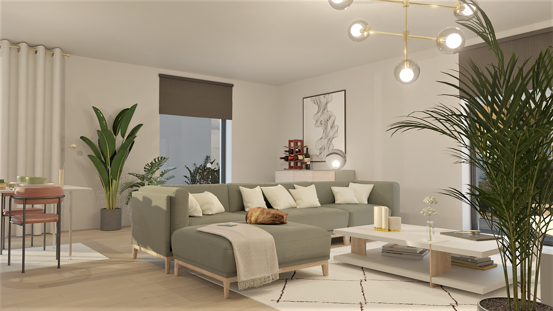 Interieur render appartement B2.1, leefruimte